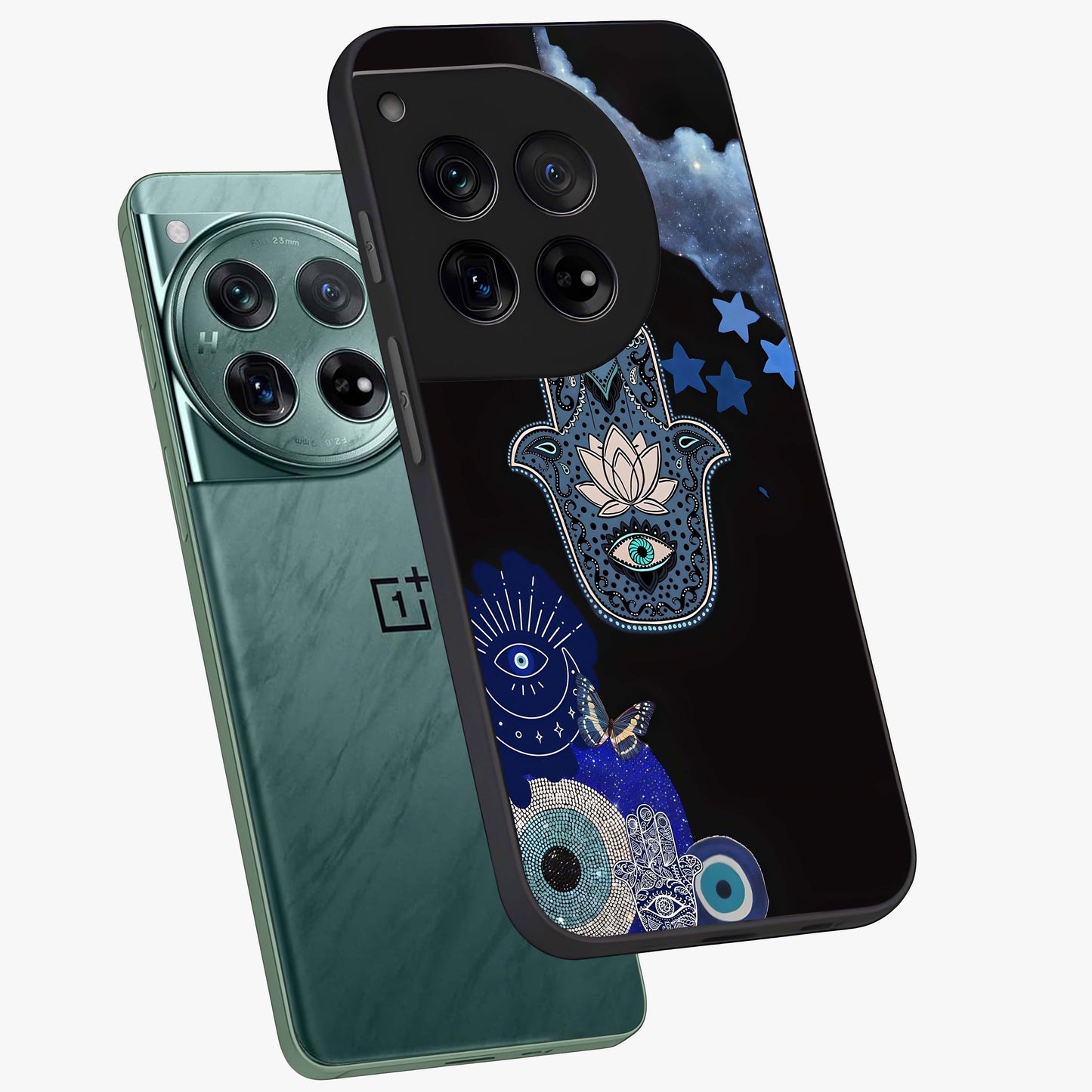 Mystic Hand Aura Glass Case for 1+12 angled mockup showcasing glossy finish and radiant mystical detailing