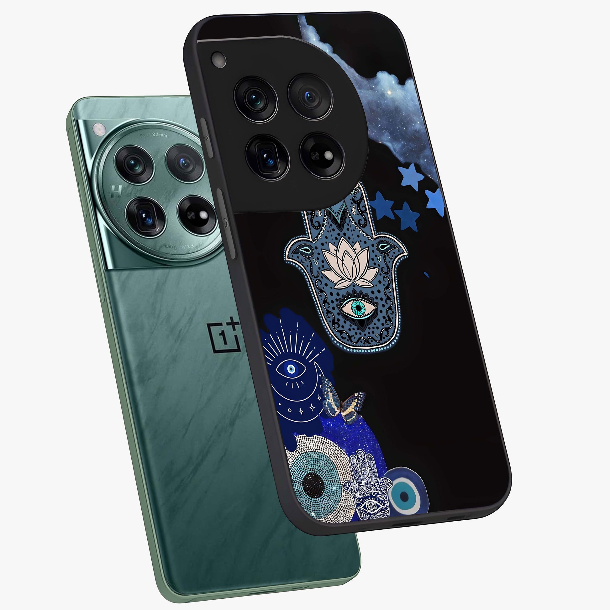 Mystic Hand Aura Glass Case for 1+12 angled mockup showcasing glossy finish and radiant mystical detailing