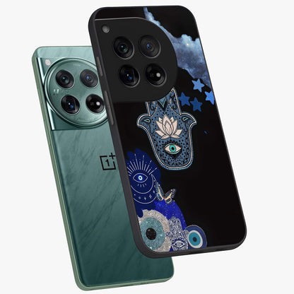 Mystic Hand Aura Glass Case for 1+12 angled mockup showcasing glossy finish and radiant mystical detailing