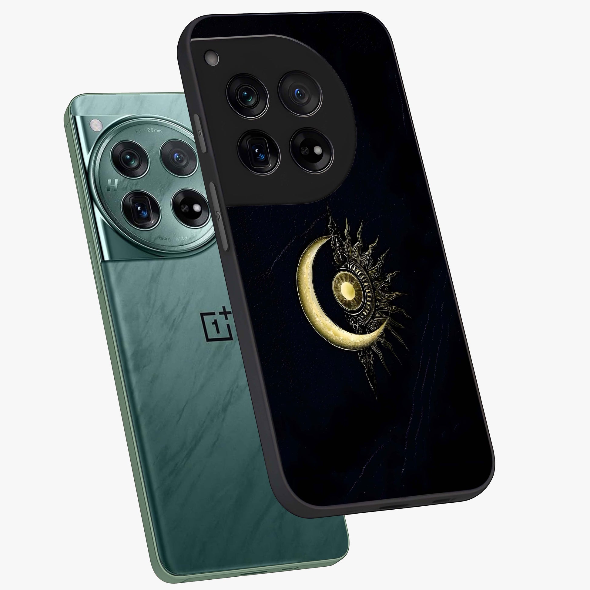 Mystic Lunar Flame Glass Case for 1+12 angled mockup showcasing glossy finish and glowing night tones