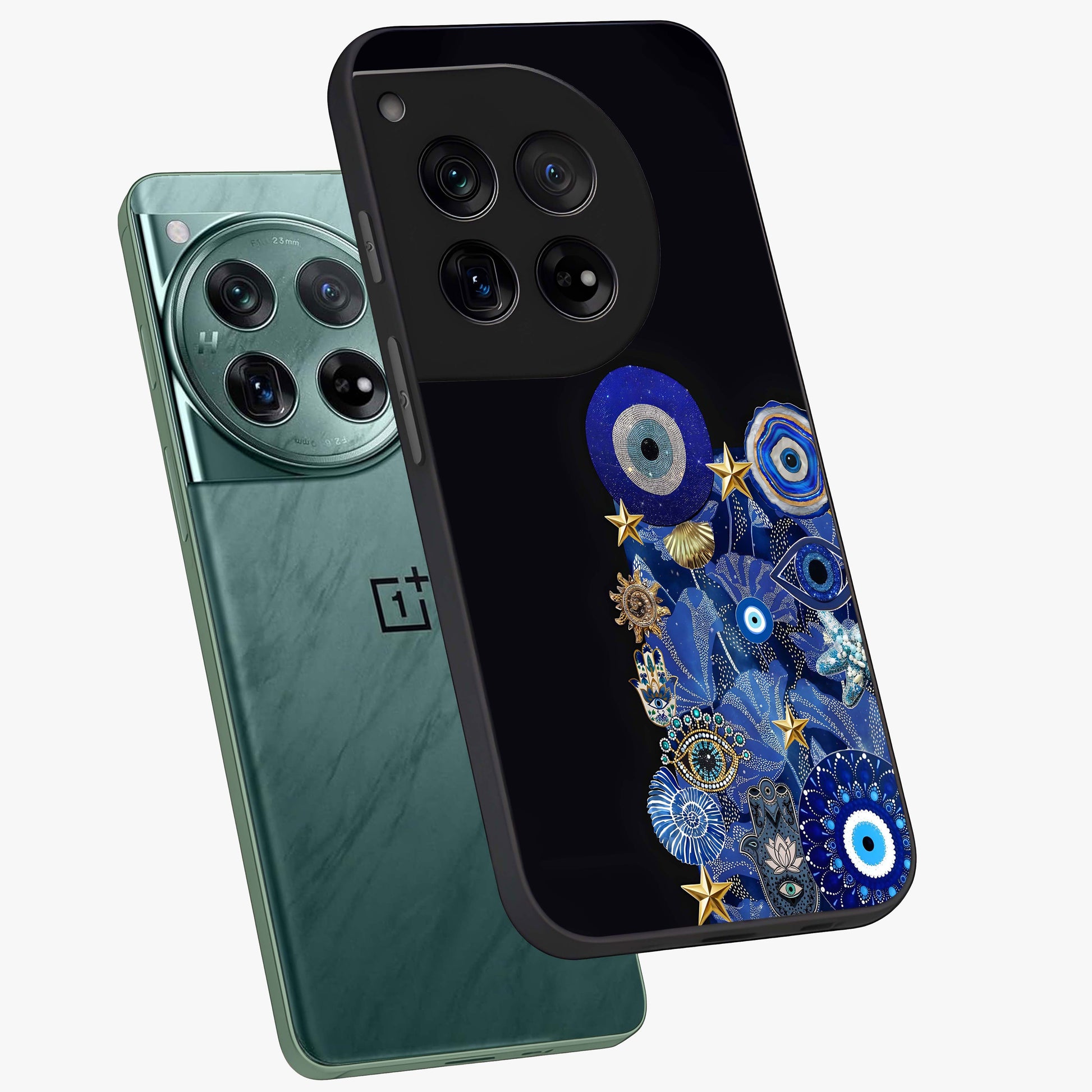 Mystic Ocean Eye Glass Case for 1+12 angled mockup showcasing glossy finish and fluid wave detailing
