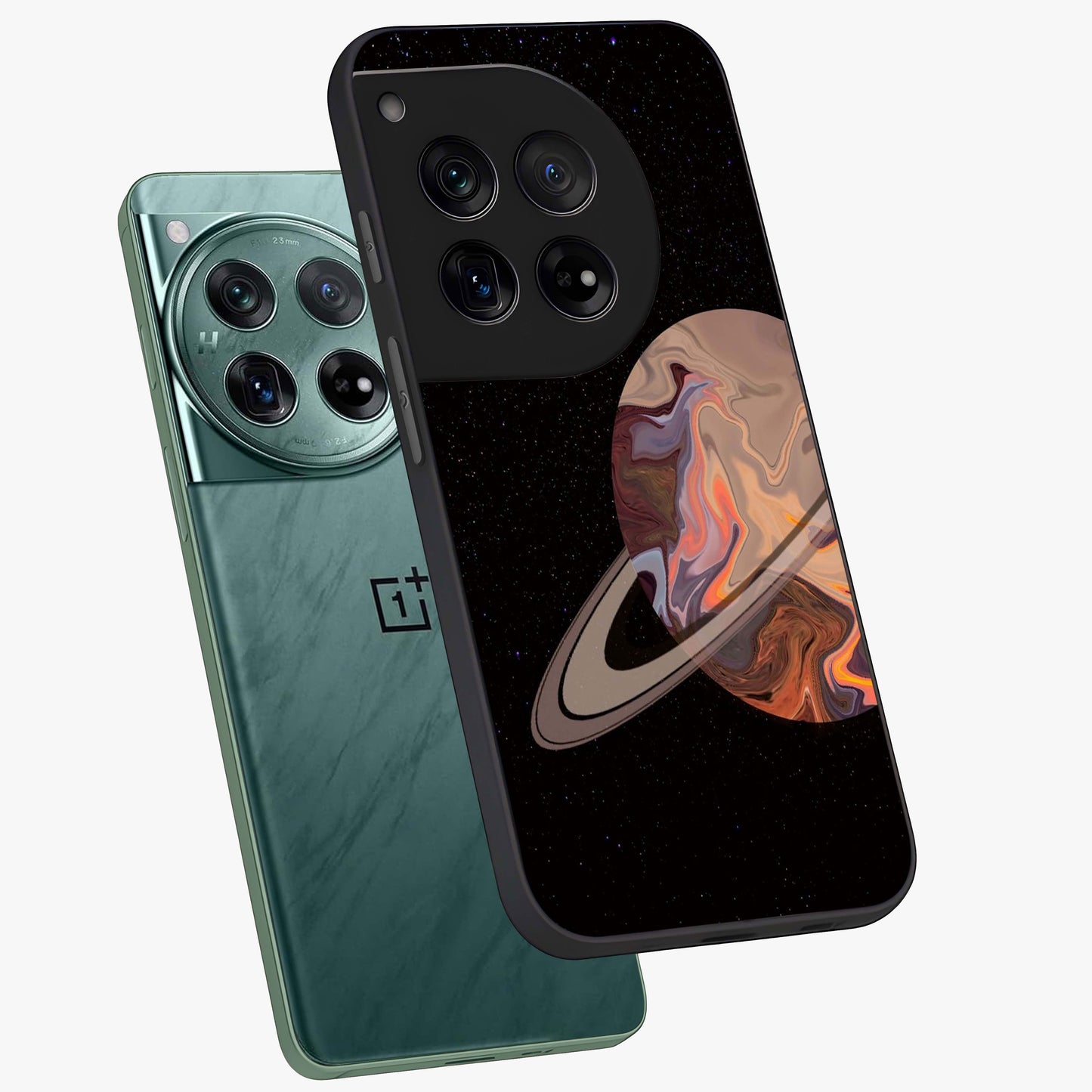 Mystic Saturn Aesthetic Glass Case for 1+12 angled mockup showcasing glossy finish and deep space gradients