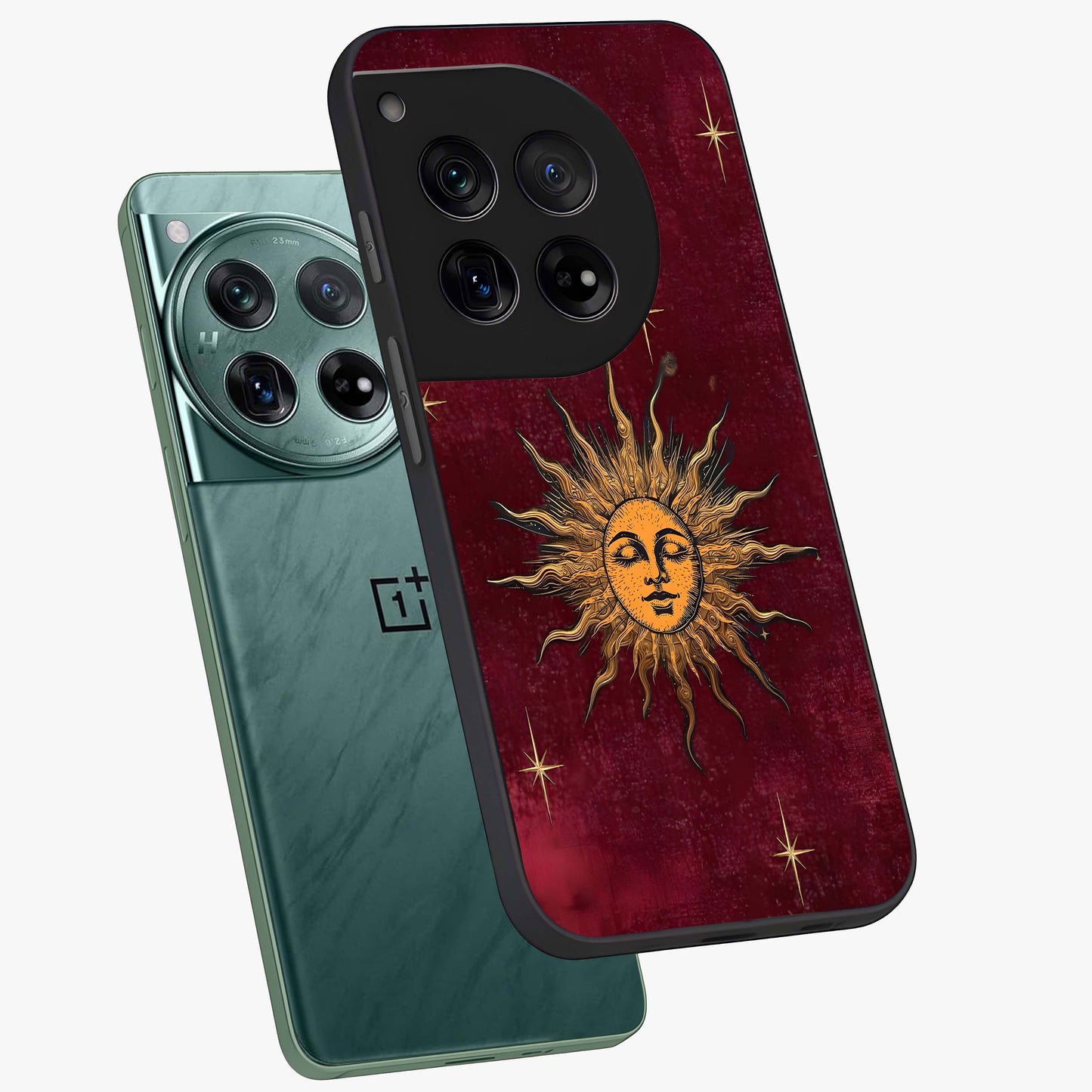 Mystic Solar Glow Glass Case for 1+12 angled mockup showcasing glossy glass finish and warm golden tones