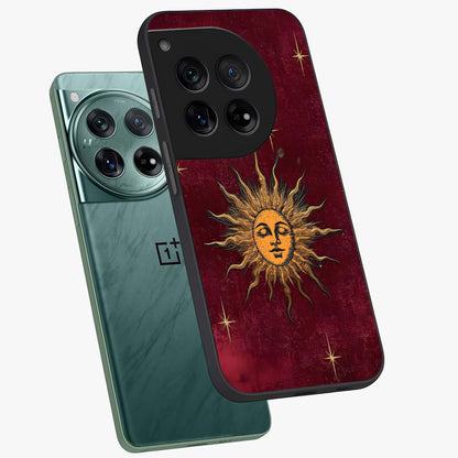 Mystic Solar Glow Glass Case for 1+12 angled mockup showcasing glossy glass finish and warm golden tones