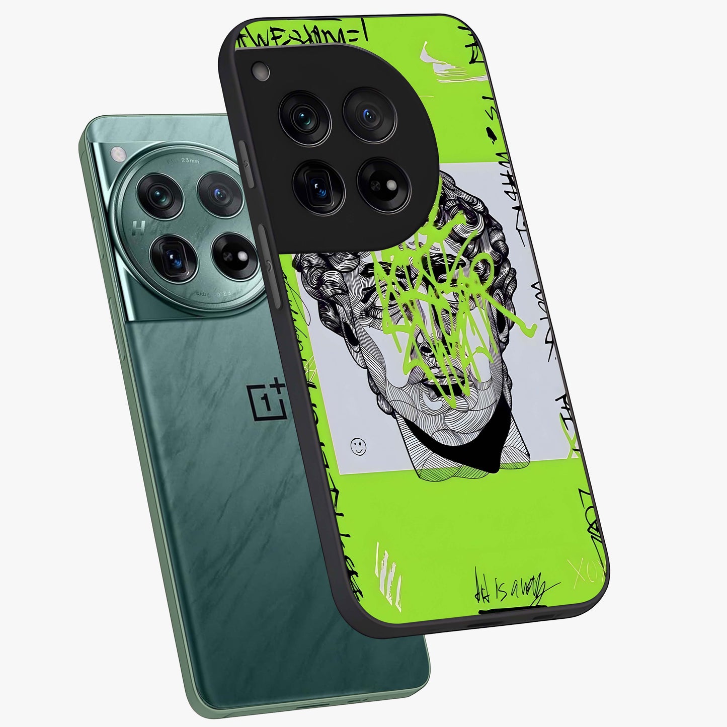 Neo Graffiti Rebellion Glass Case for 1+12 angled mockup showcasing glossy finish and urban neon detailing