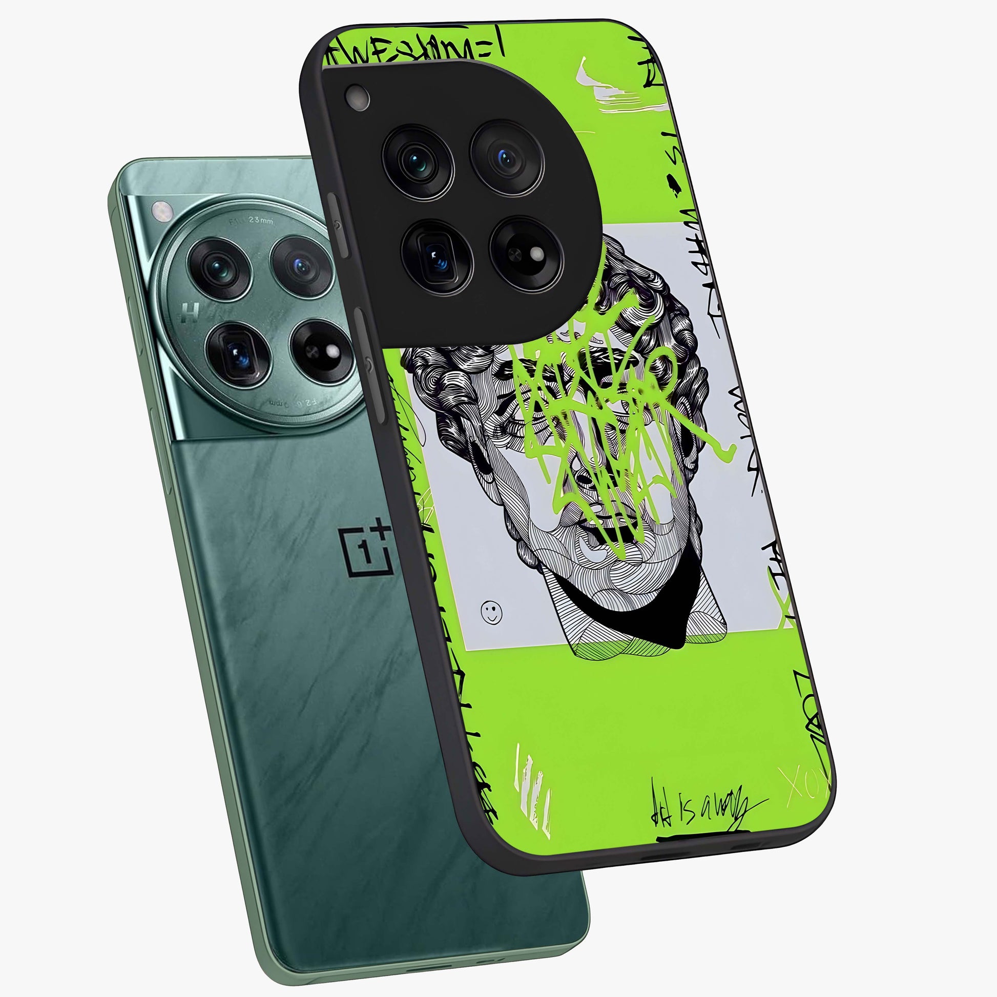 Neo Graffiti Rebellion Glass Case for 1+12 angled mockup showcasing glossy finish and urban neon detailing