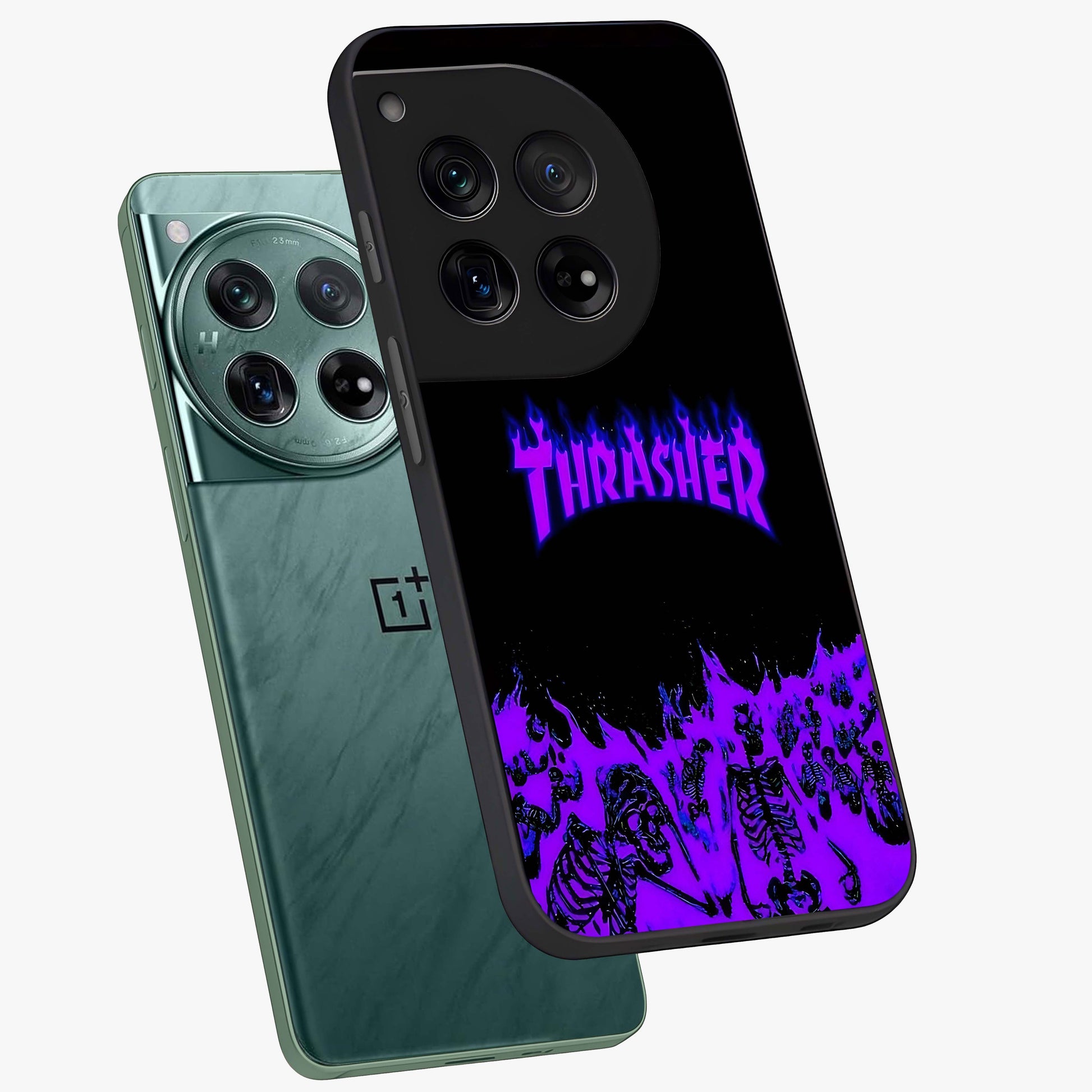 Neon Flame Riot Glass Case for 1+12 angled mockup showcasing glossy finish and high contrast colors