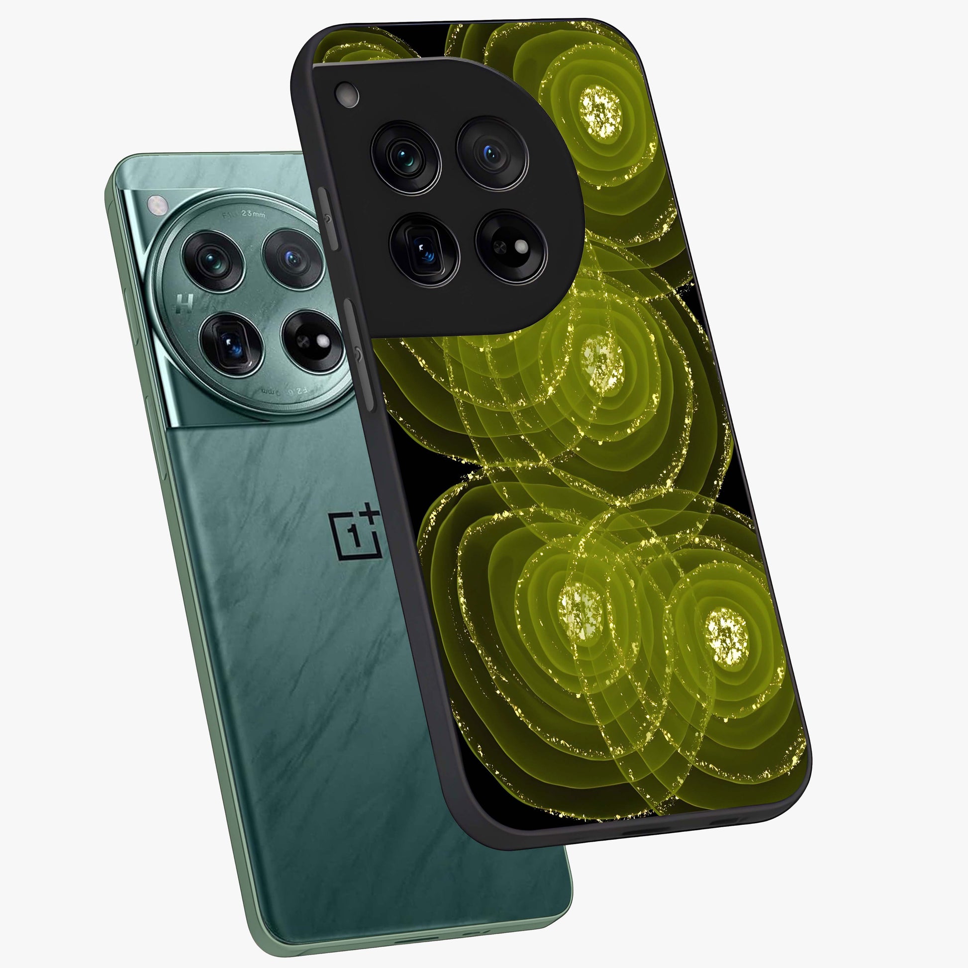 Neon Orbit Bloom Marble Glass Case for 1+12 angled mockup showcasing glossy finish and vibrant bloom detailing