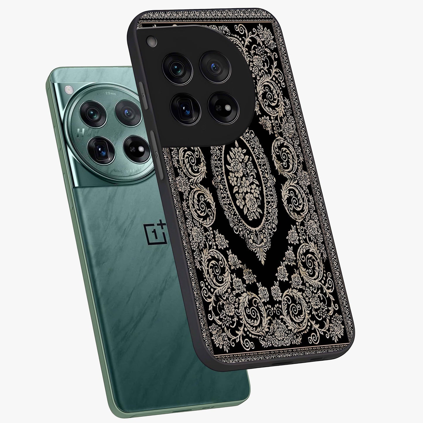 Noir Bloom Elegance Glass Case for 1+12 angled mockup showcasing glossy finish and refined bloom detailing