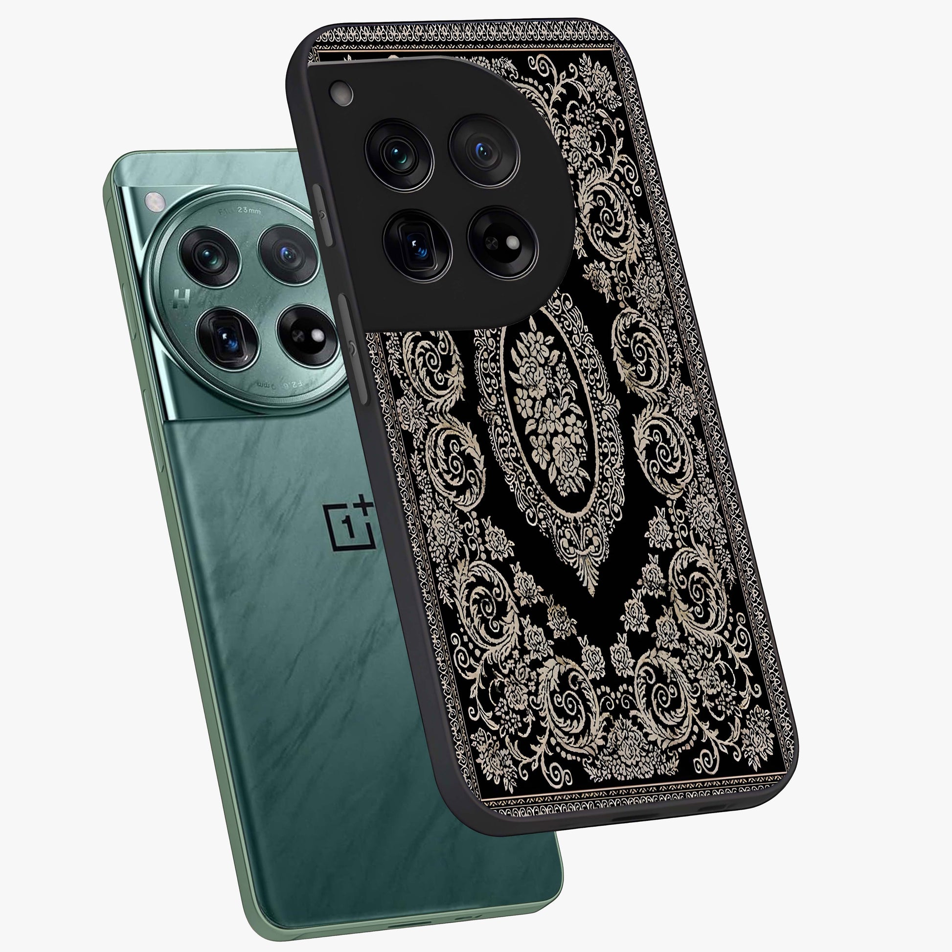 Noir Bloom Elegance Glass Case for 1+12 angled mockup showcasing glossy finish and refined bloom detailing