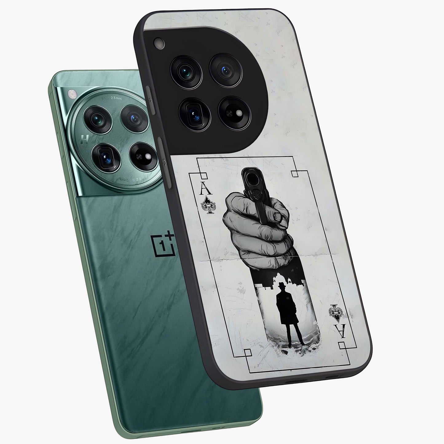 Noir Trigger Fate Glass Case for 1+12 angled mockup showcasing glossy finish and intense shadow detailing