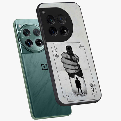 Noir Trigger Fate Glass Case for 1+12 angled mockup showcasing glossy finish and intense shadow detailing