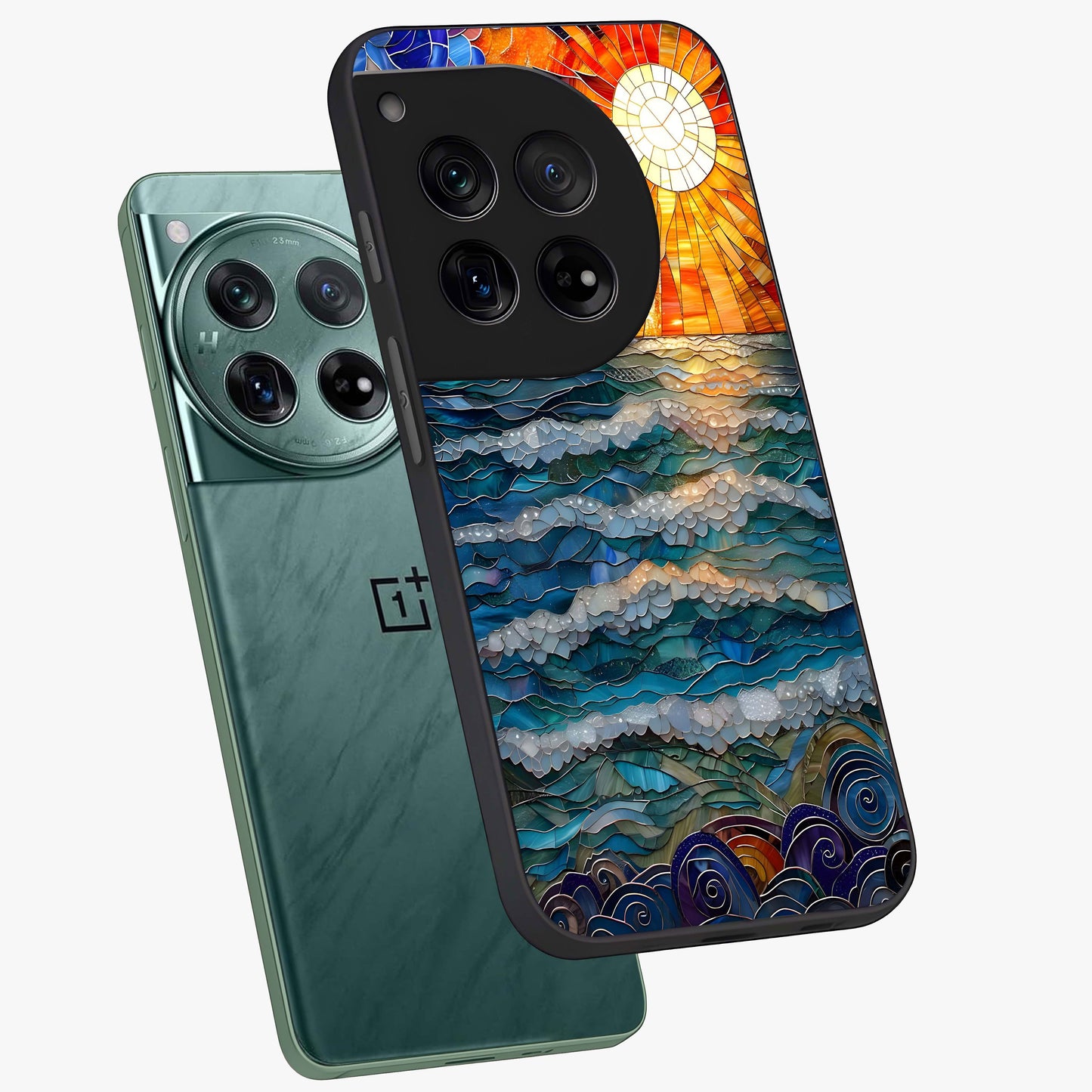 Oceanic Stained Printed Glass Case for 1+12 angled mockup showcasing glossy finish and rich aquatic tones