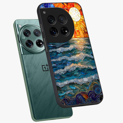 Oceanic Stained Printed Glass Case for 1+12 angled mockup showcasing glossy finish and rich aquatic tones
