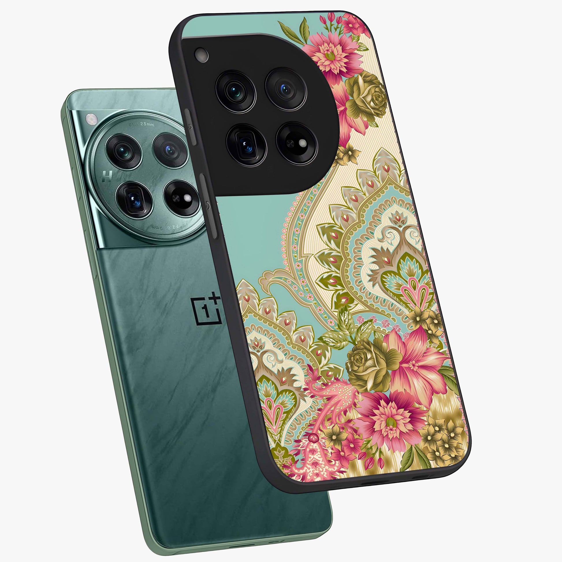 Ornate Mughal Floral Pattern Glass Case for 1+12 angled mockup showcasing glossy finish and rich heritage detailing