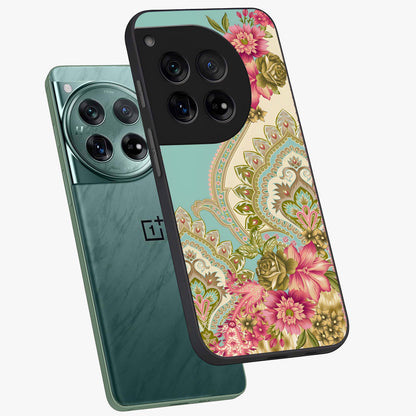Ornate Mughal Floral Pattern Glass Case for 1+12 angled mockup showcasing glossy finish and rich heritage detailing