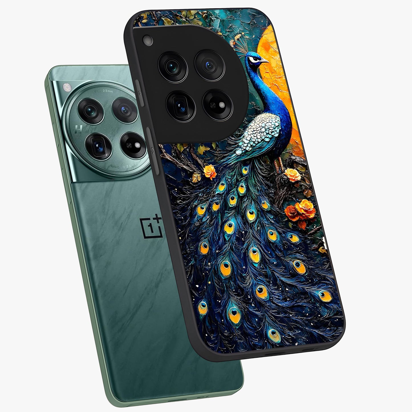 Peacock With Yellow Moon Glass Case for 1+12 angled mockup showcasing glossy finish and deep night tones