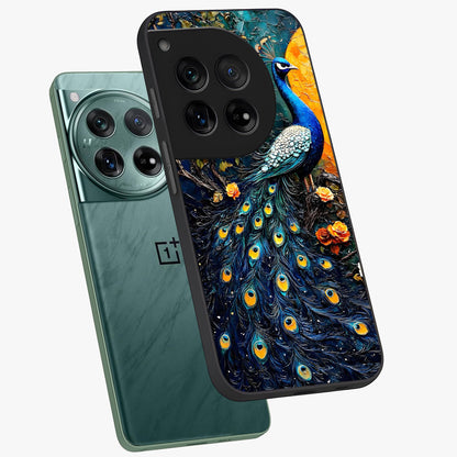Peacock With Yellow Moon Glass Case for 1+12 angled mockup showcasing glossy finish and deep night tones