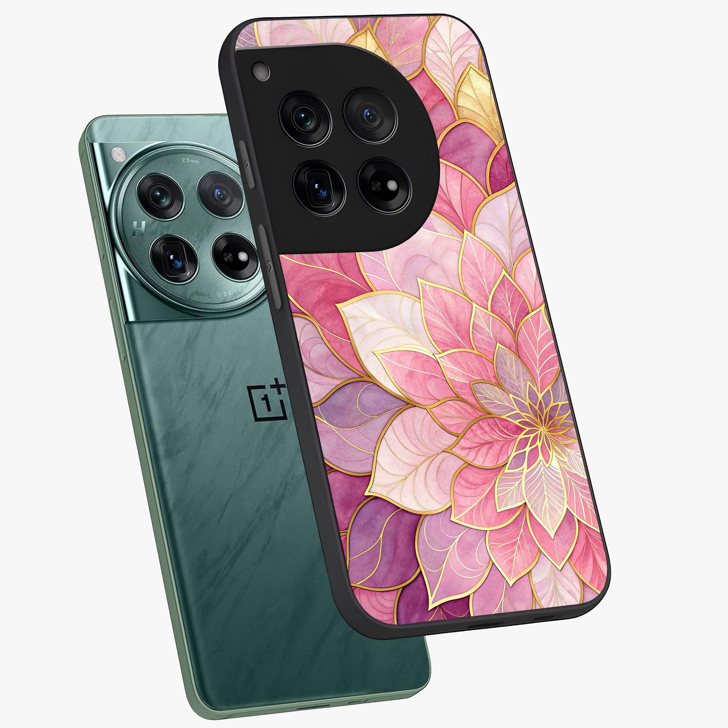 Petal Luxe Bloom Glass Case for 1+12 angled mockup showcasing glossy finish and vibrant bloom accents