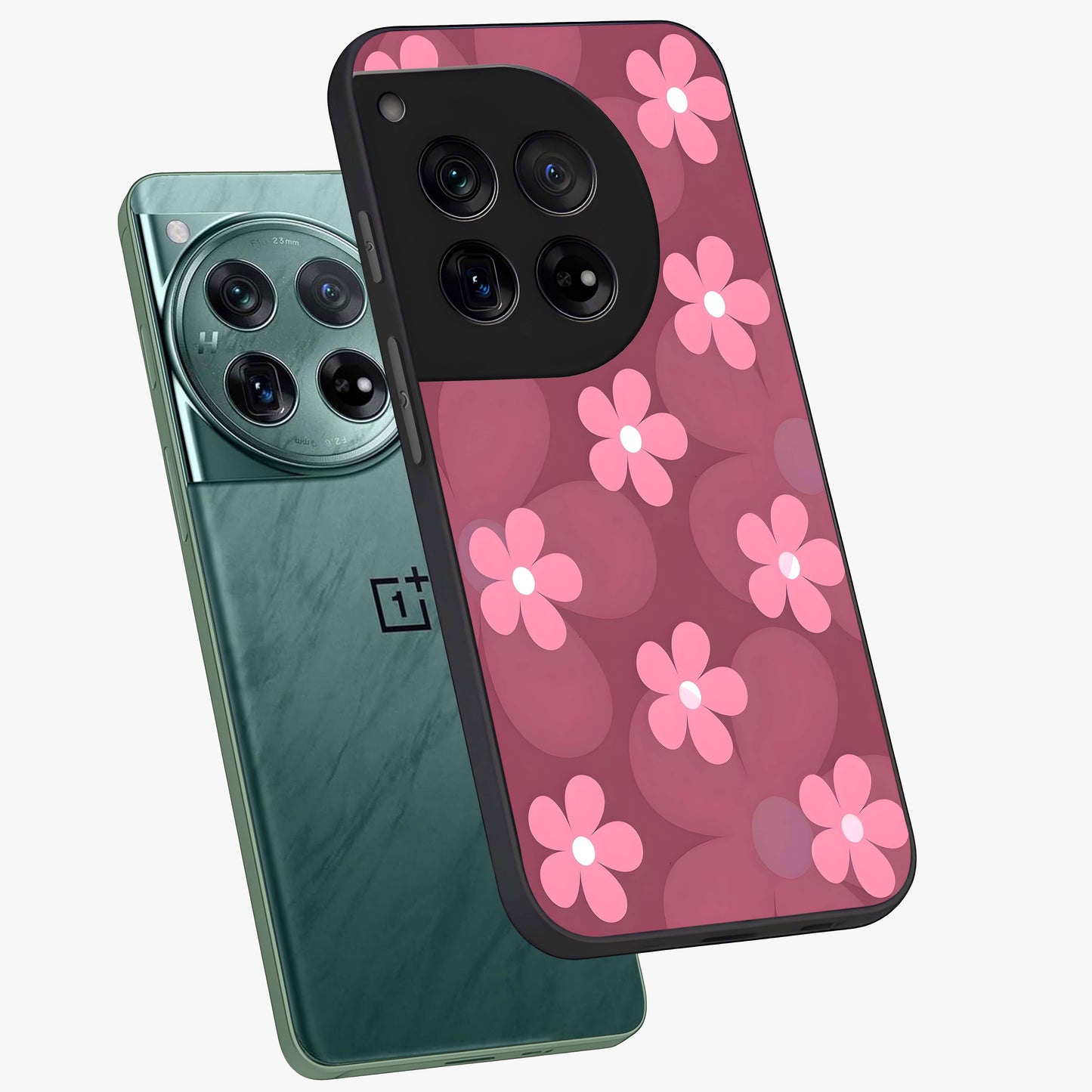 Pink Daisy Flower Pattern Glass Case for 1+12 angled mockup showcasing glossy finish and playful bloom detailing