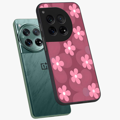Pink Daisy Flower Pattern Glass Case for 1+12 angled mockup showcasing glossy finish and playful bloom detailing