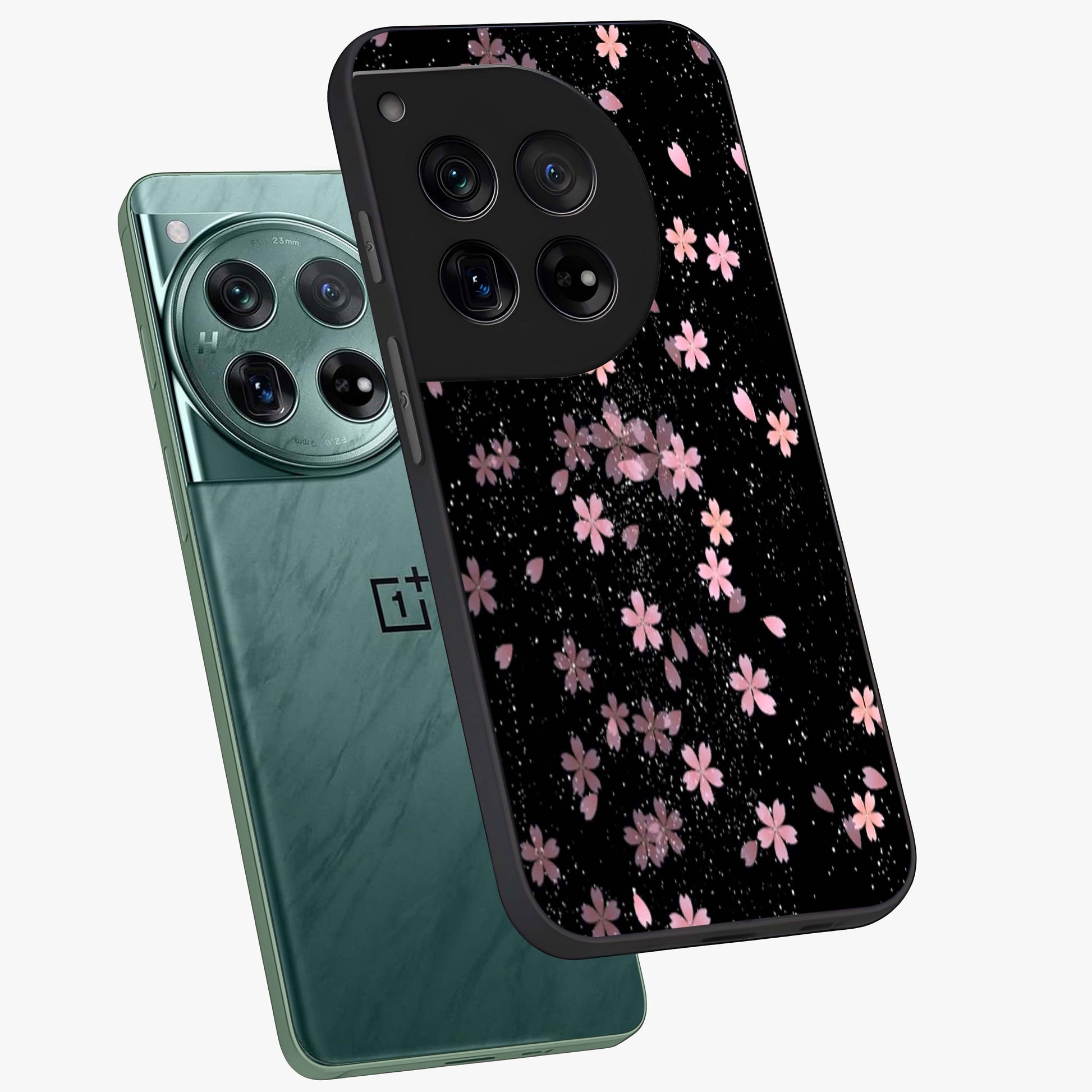 Pink Flower Black Background Glass Case for 1+12 angled mockup showcasing glossy finish and bold contrast tones