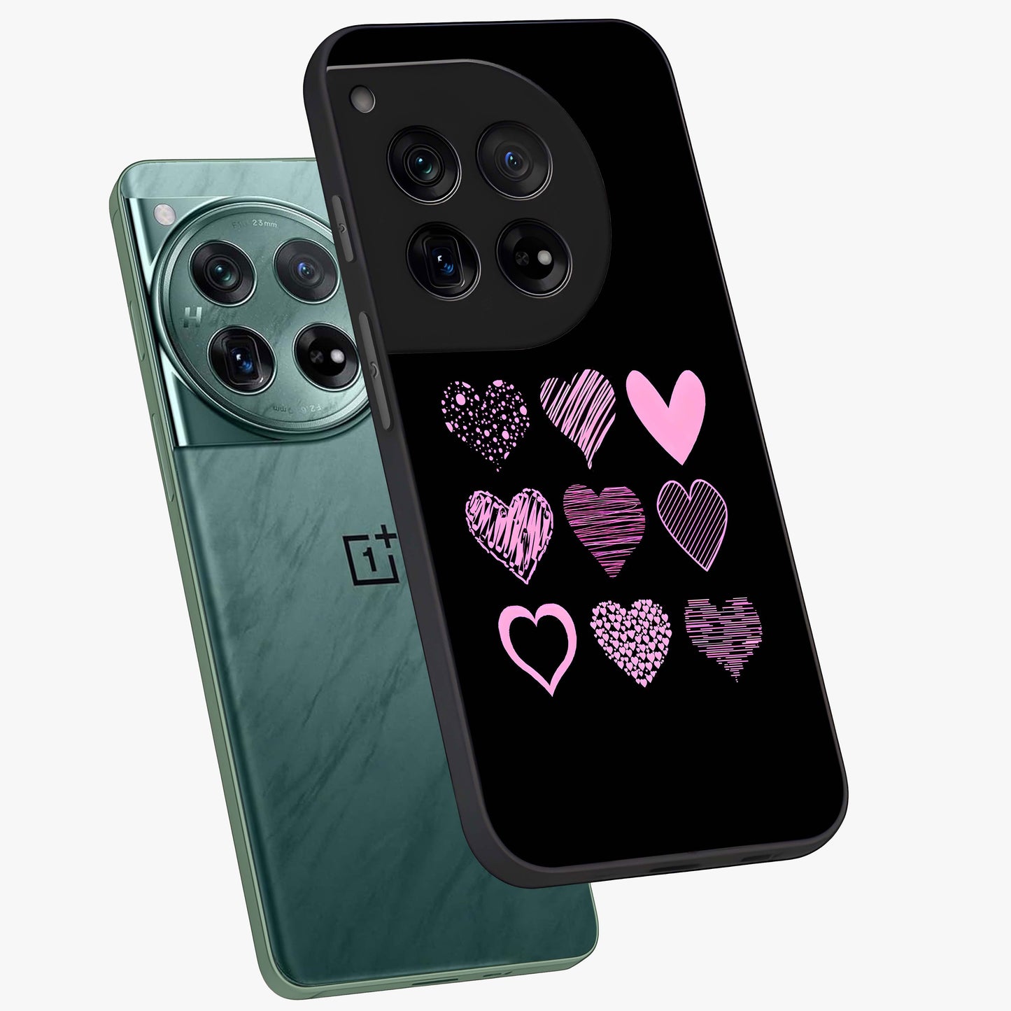 Pink Heart Aesthetic Glass Case for 1+12 angled mockup showcasing glossy finish and pastel romantic detailing