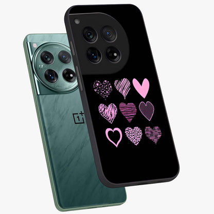 Pink Heart Aesthetic Glass Case for 1+12 angled mockup showcasing glossy finish and pastel romantic detailing
