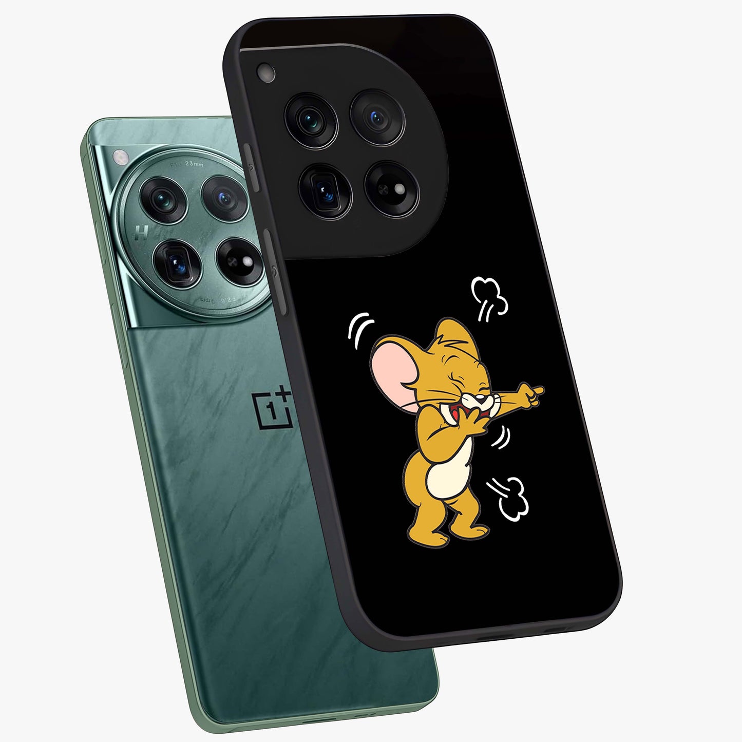 Playful Jerry Vibes Glass Case for 1+12 angled mockup showcasing glossy finish and vibrant character detailing