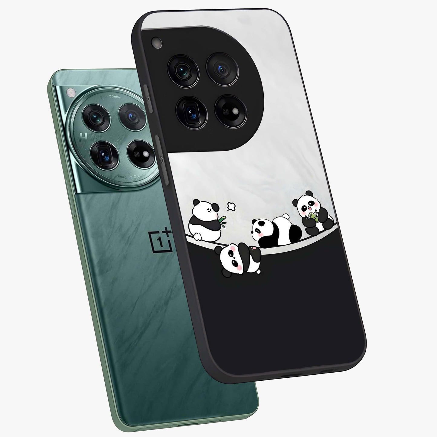 Playful Panda Parade Glass Case for 1+12 angled mockup showcasing glossy finish and soft pastel tones