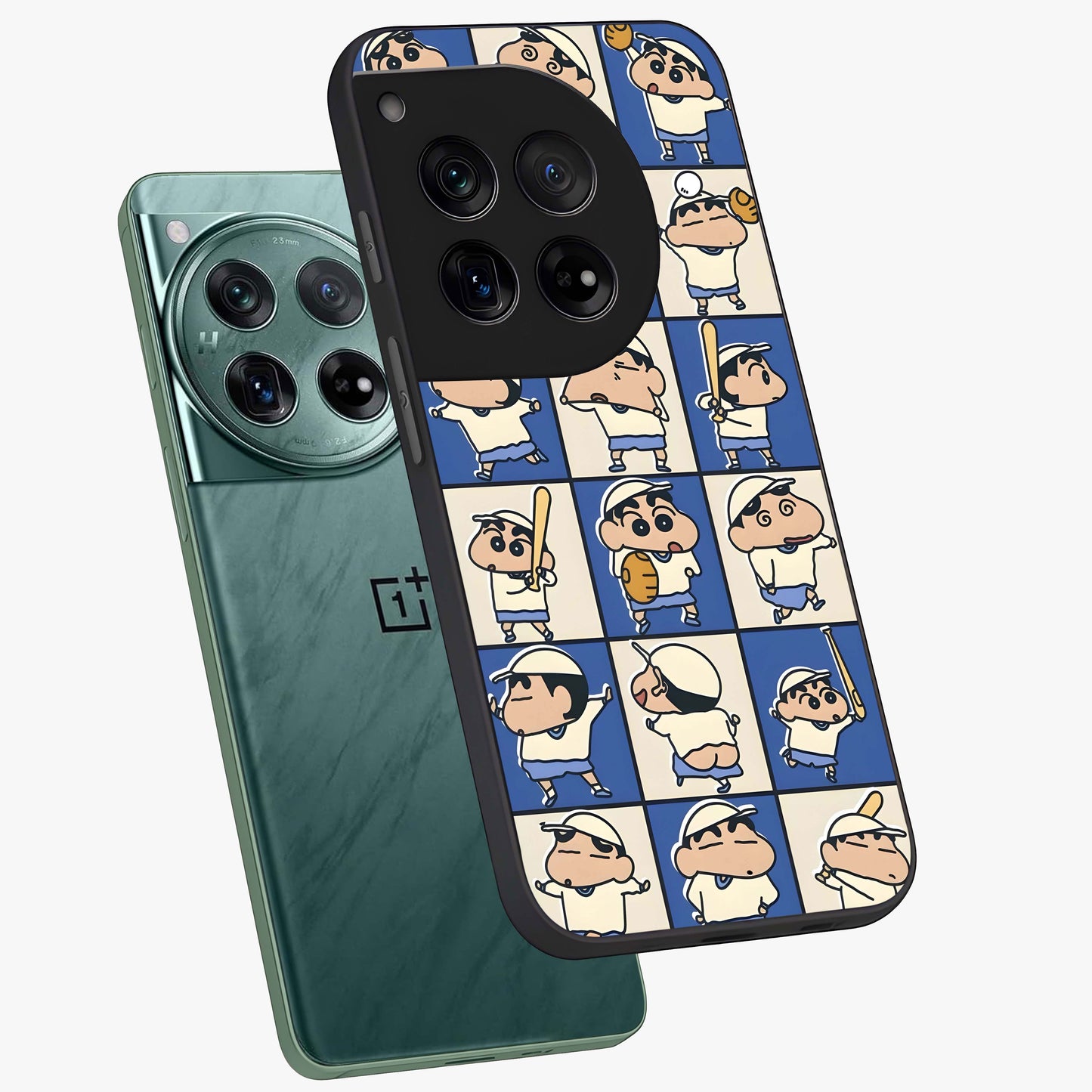 Playful Shin Swing Glass Case for 1+12 angled mockup showcasing glossy finish and vibrant cartoon detailing