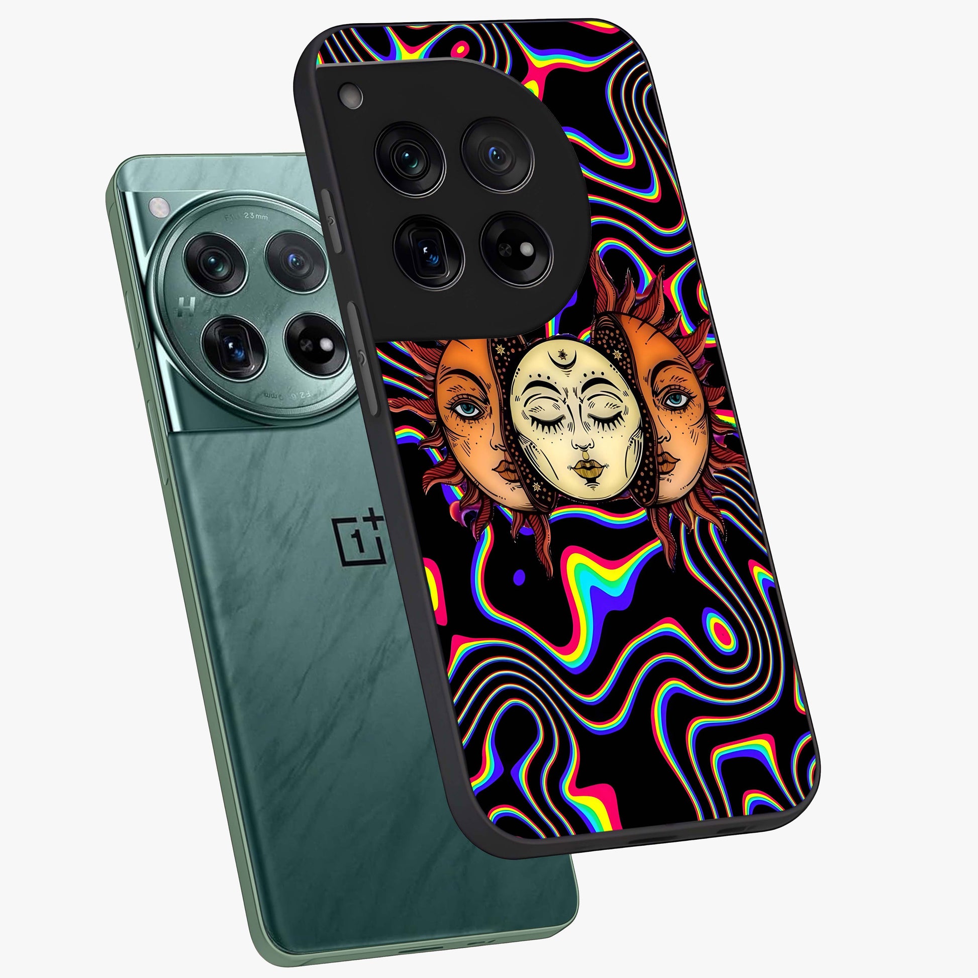 Psychedelic Sun Glass Case for 1+12 angled mockup showcasing glossy finish and bold abstract detailing