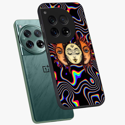 Psychedelic Sun Glass Case for 1+12 angled mockup showcasing glossy finish and bold abstract detailing