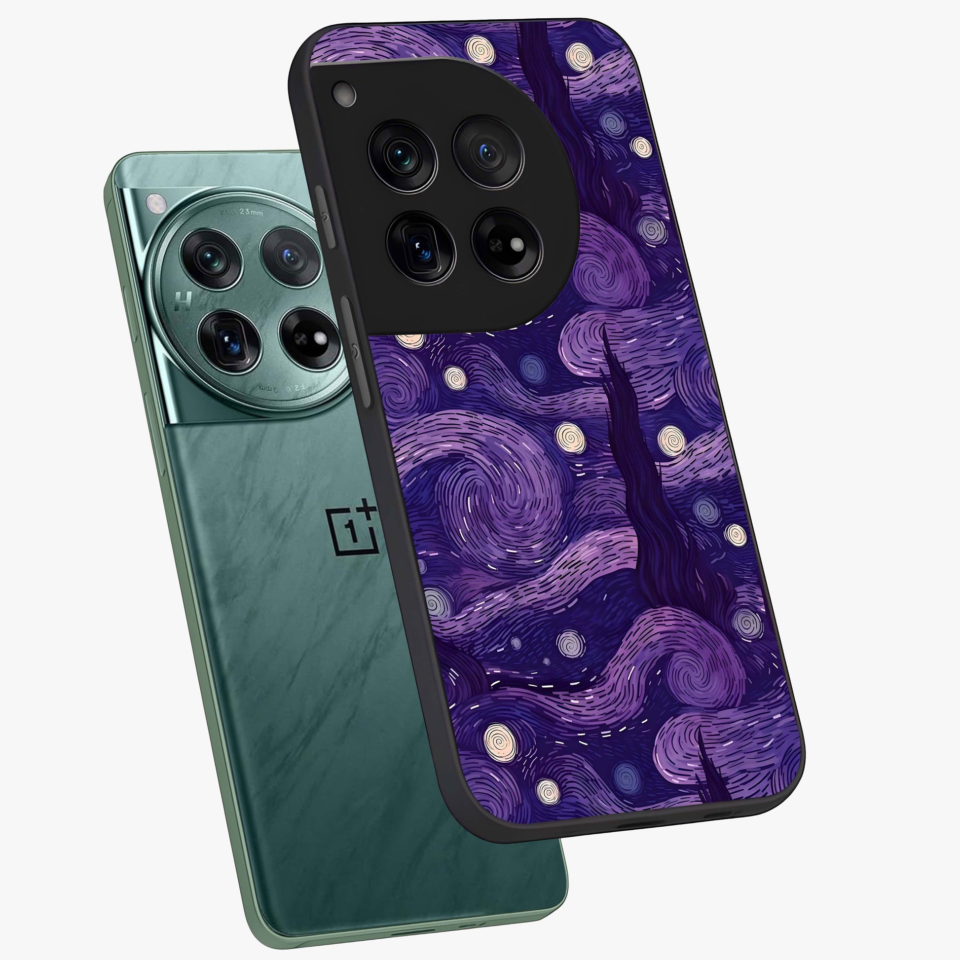 Purple Swirls Glass Case for 1+12 angled mockup showcasing glossy finish and smooth gradient detailing