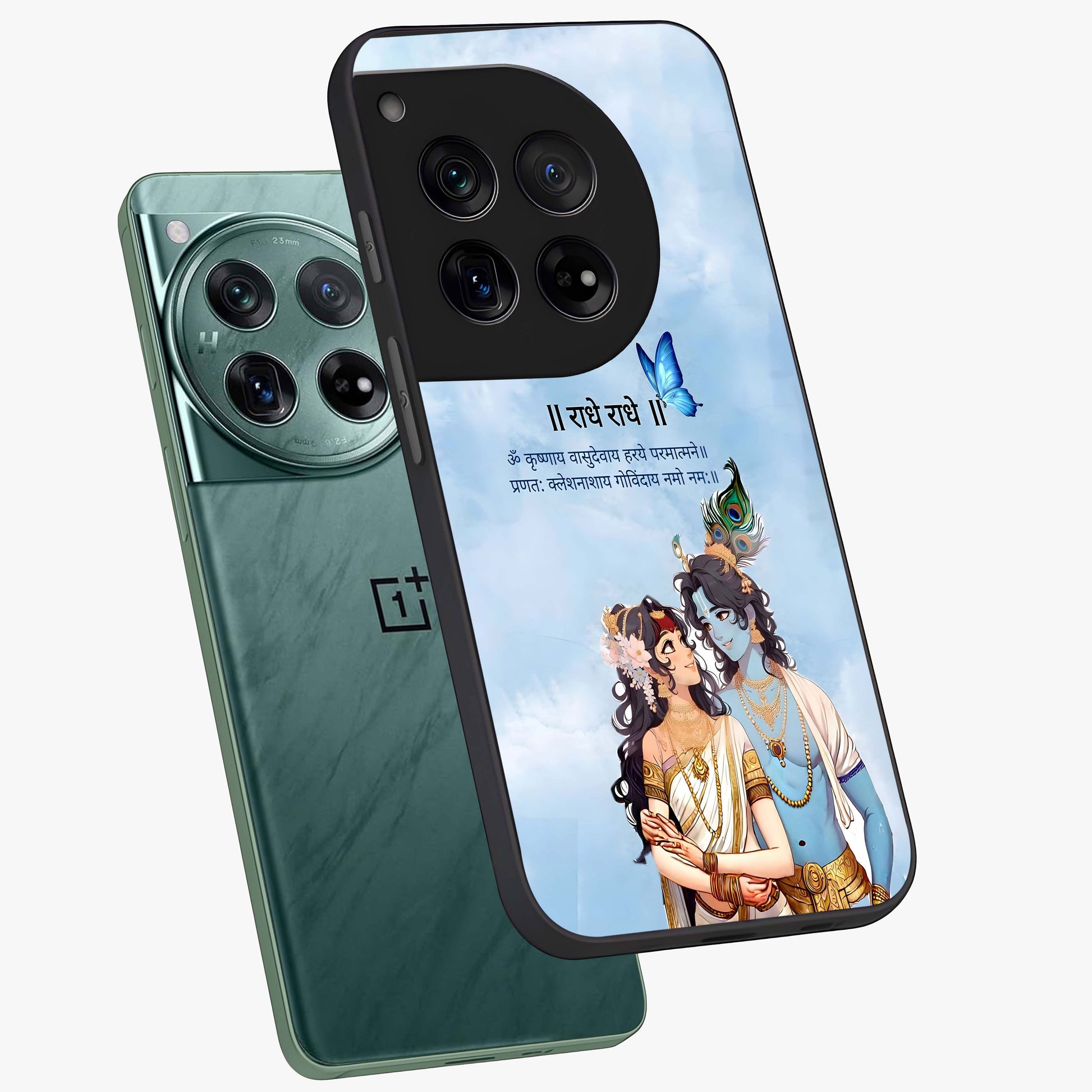 Radha Krishna Eternal Glass Case for 1+12 angled mockup showcasing glossy finish and rich cultural tones