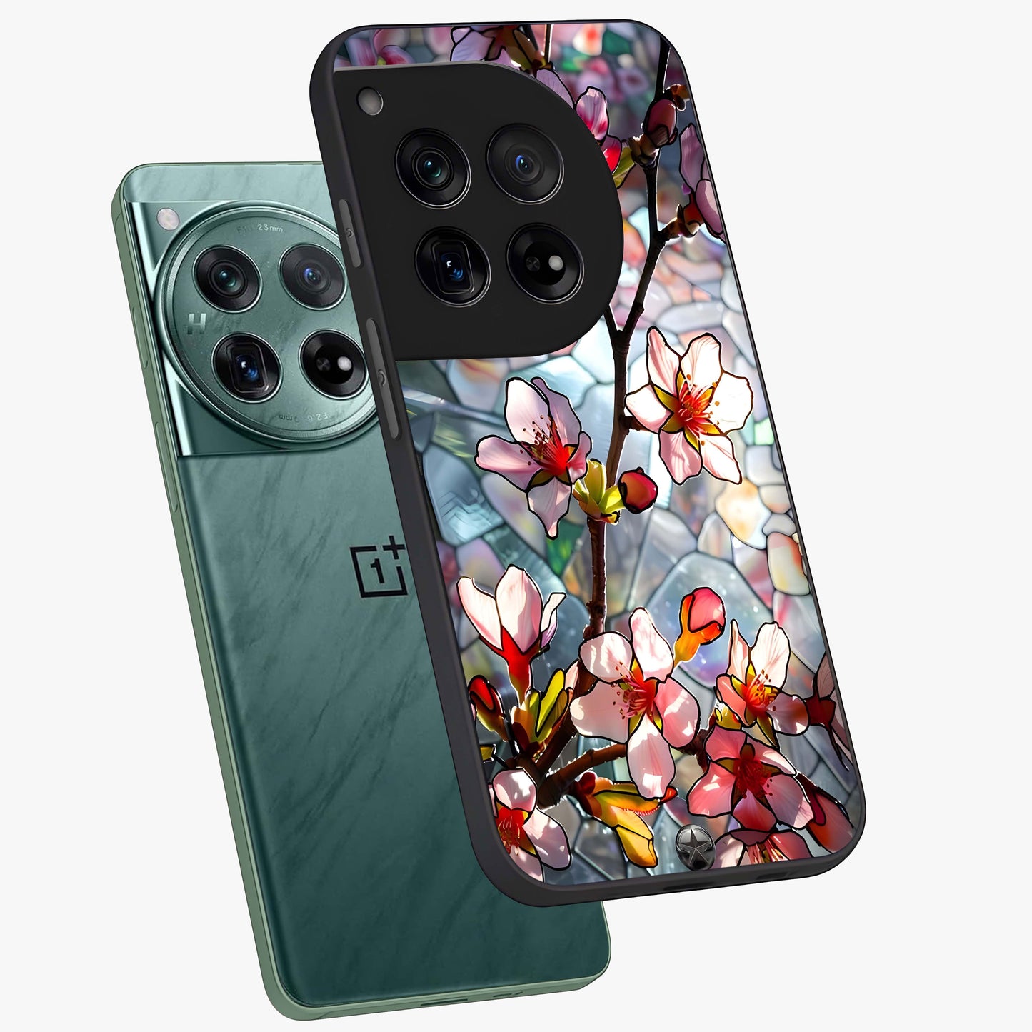 Radiant Bloom Glow Glass Case for 1+12 angled mockup showcasing glossy finish and luminous detailing