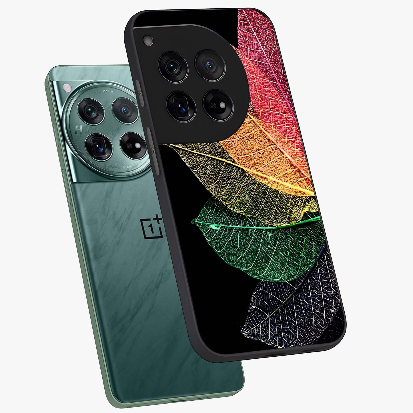 Rainbow Leaf Glow Glass Case for 1+12 angled mockup showcasing glossy finish and radiant gradient tones