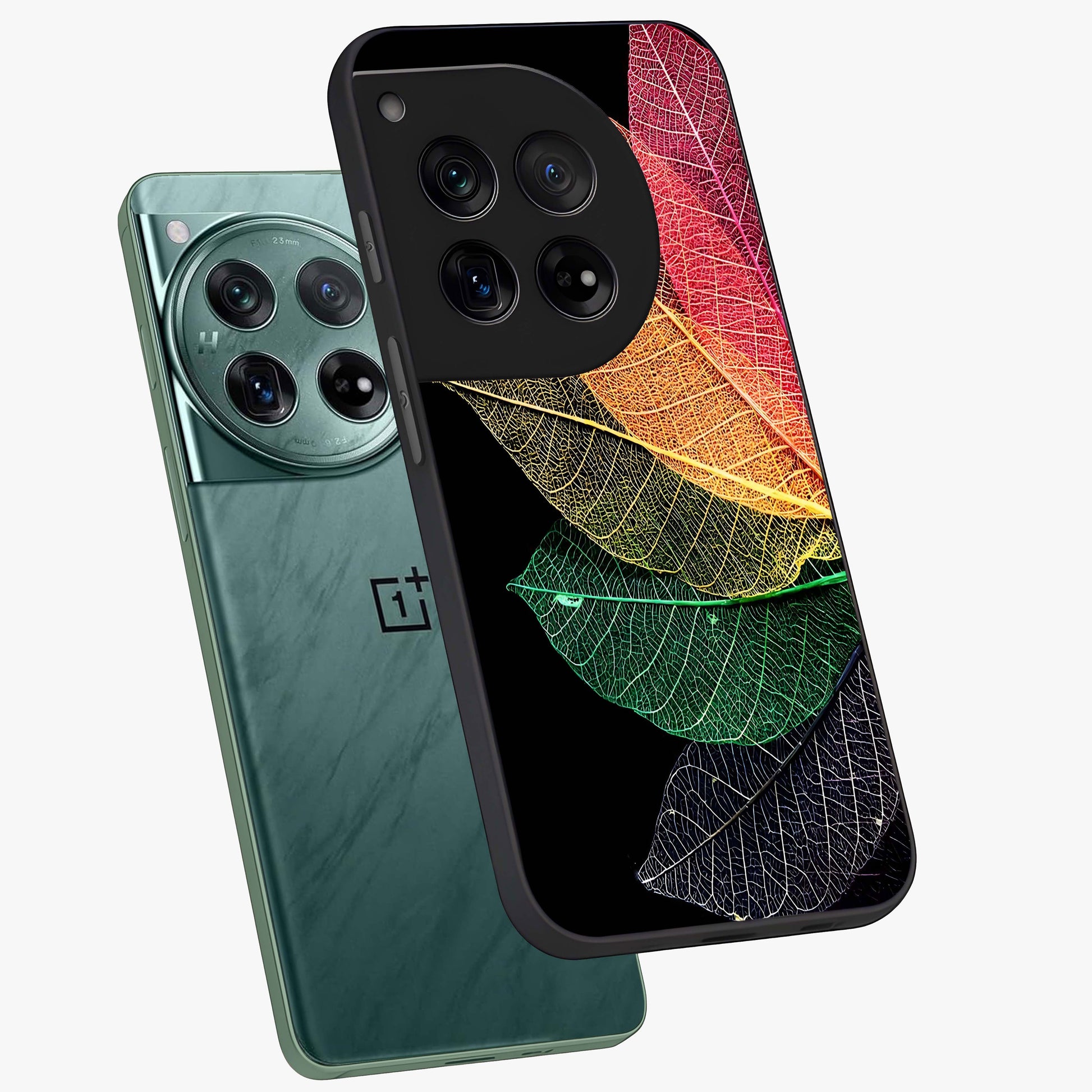 Rainbow Leaf Glow Glass Case for 1+12 angled mockup showcasing glossy finish and radiant gradient tones
