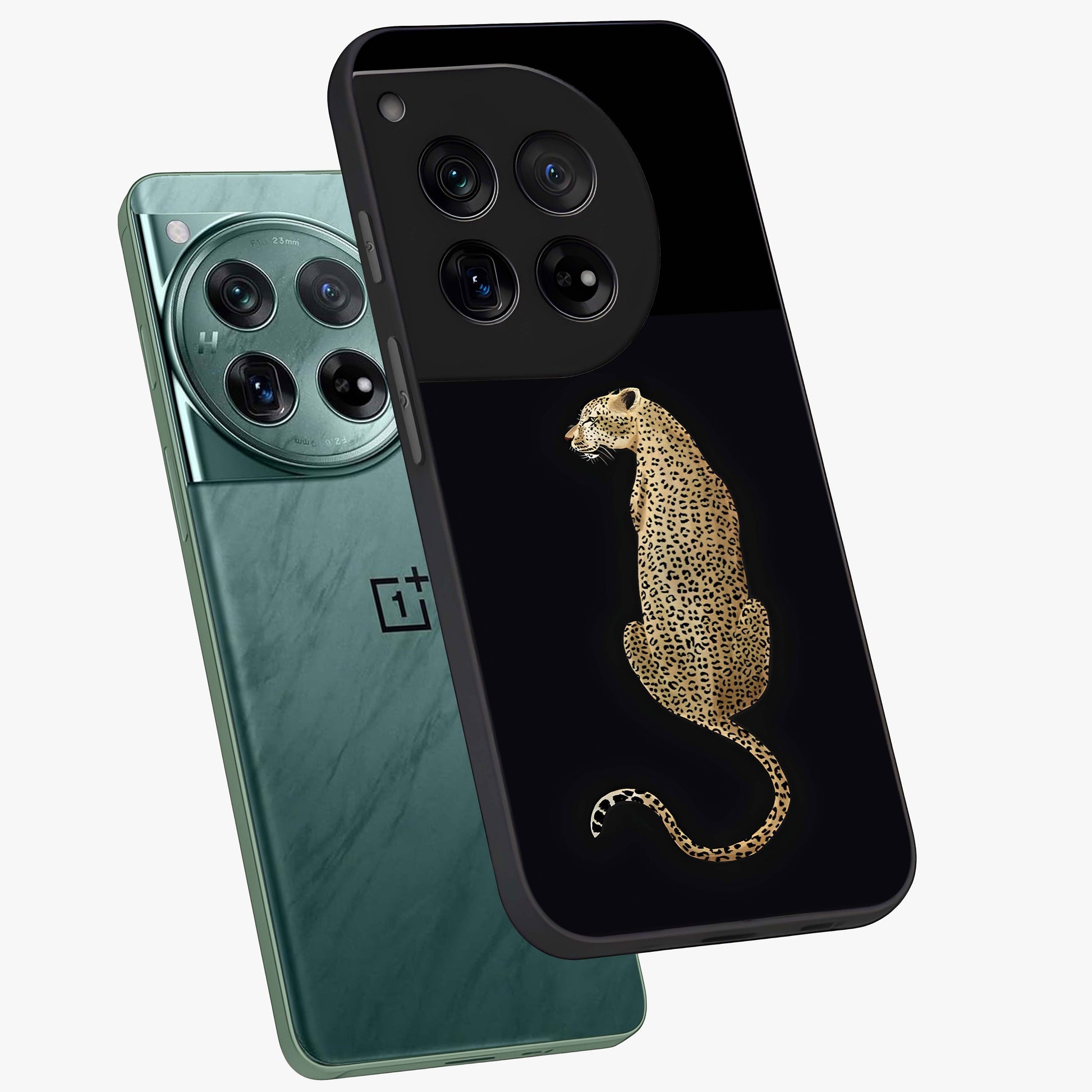 Regal Leopard Glass Case for 1+12 angled mockup showcasing glossy glass finish and detailed animal textures