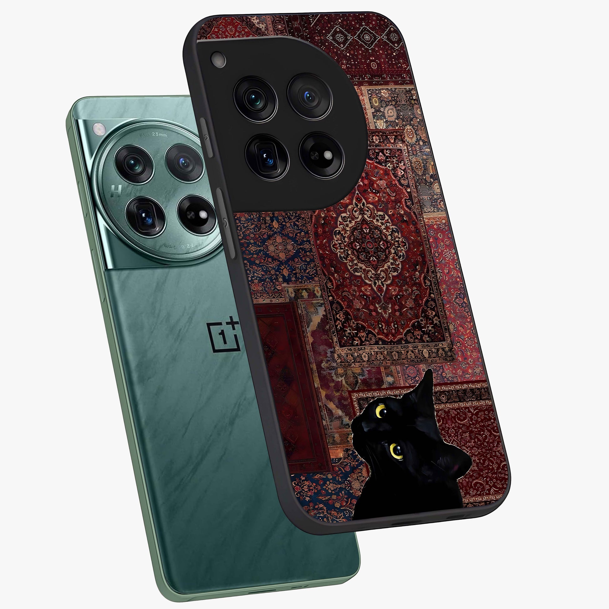 Regal Magic Cat Apple Glass Case for 1+12 angled mockup showcasing glossy finish and vibrant illustration detailing