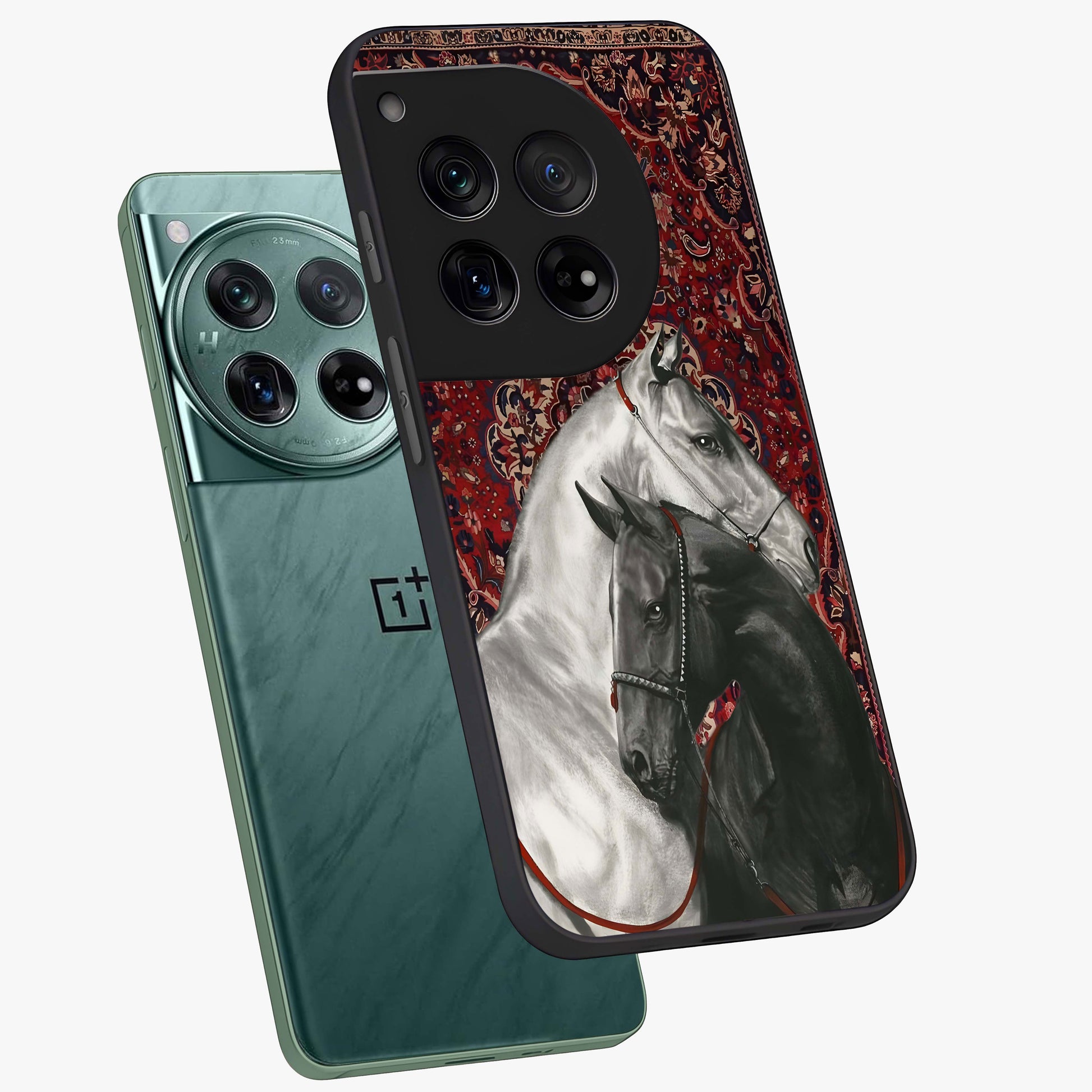 Regal Stallion Tapestry Glass Case for 1+12 angled mockup showcasing glossy finish and rich ornamental tones