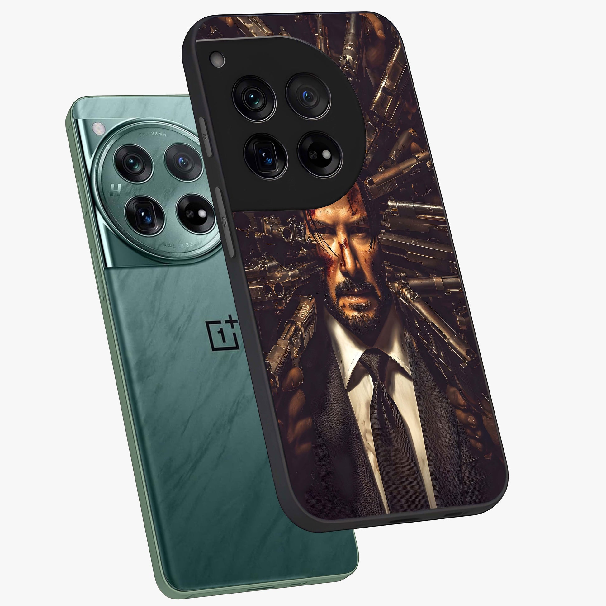 Relentless Shadow Assassin Glass Case for 1+12 angled mockup showcasing glossy finish and dramatic shadow detailing