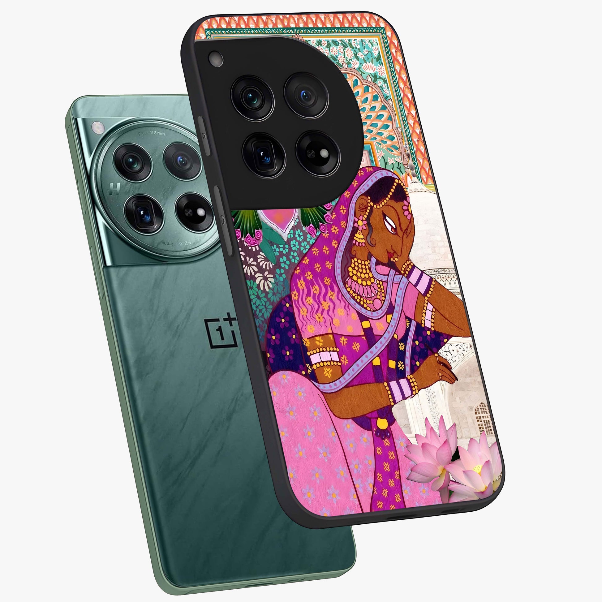 Royal Lotus Muse Glass Case for 1+12 angled mockup showcasing glossy finish and refined floral tones