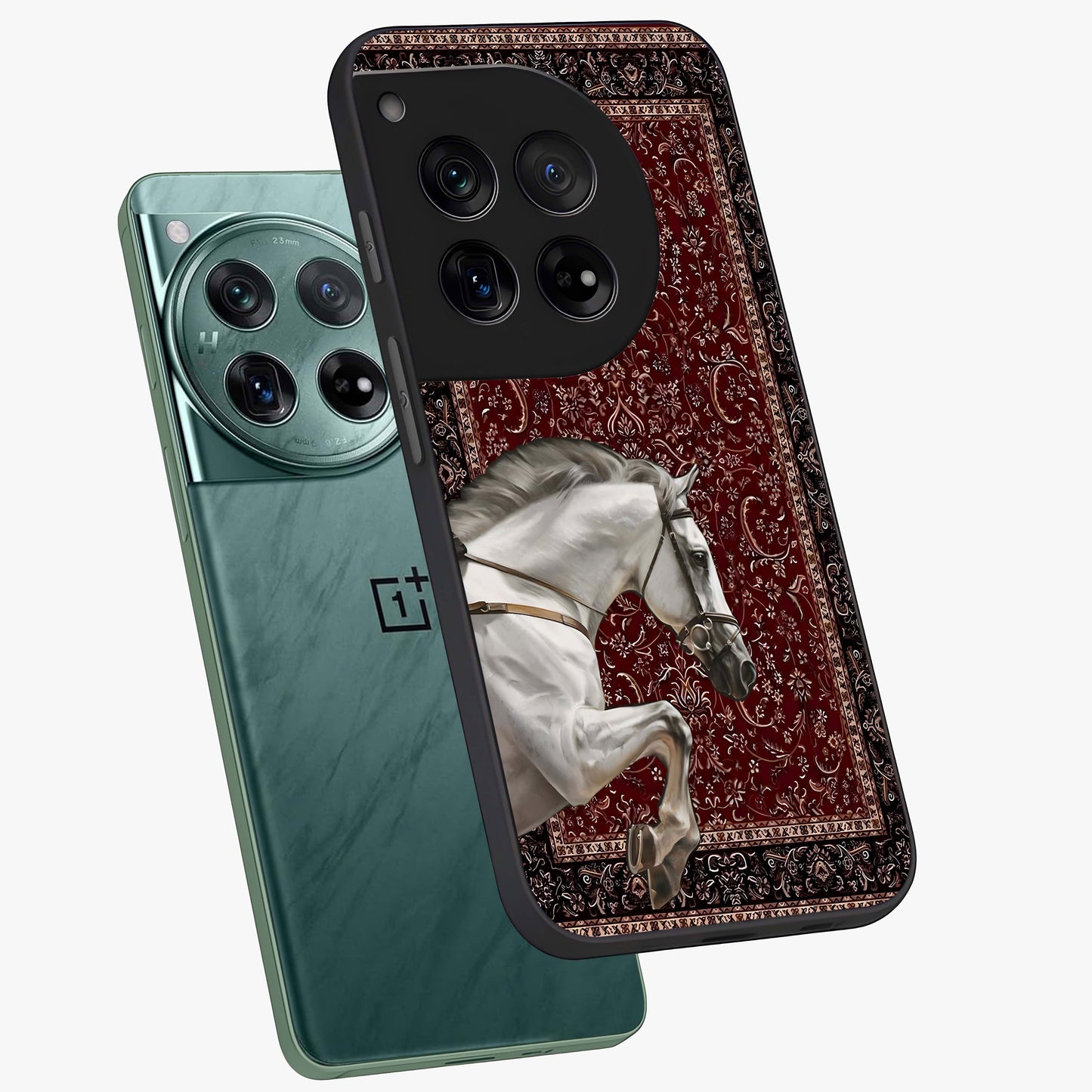 Royal Rider Tapestry Glass Case for 1+12 angled mockup showcasing glossy finish and heritage inspired detailing