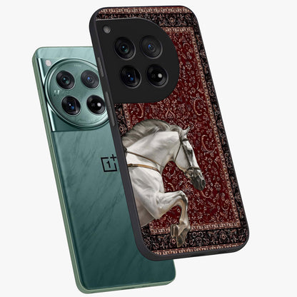 Royal Rider Tapestry Glass Case for 1+12 angled mockup showcasing glossy finish and heritage inspired detailing