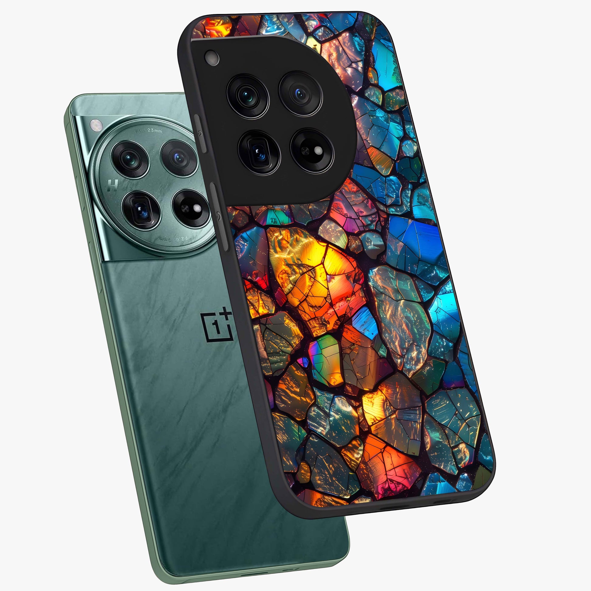 Shattered Light Glass Case for 1+12 angled mockup showcasing glossy finish and high contrast detailing