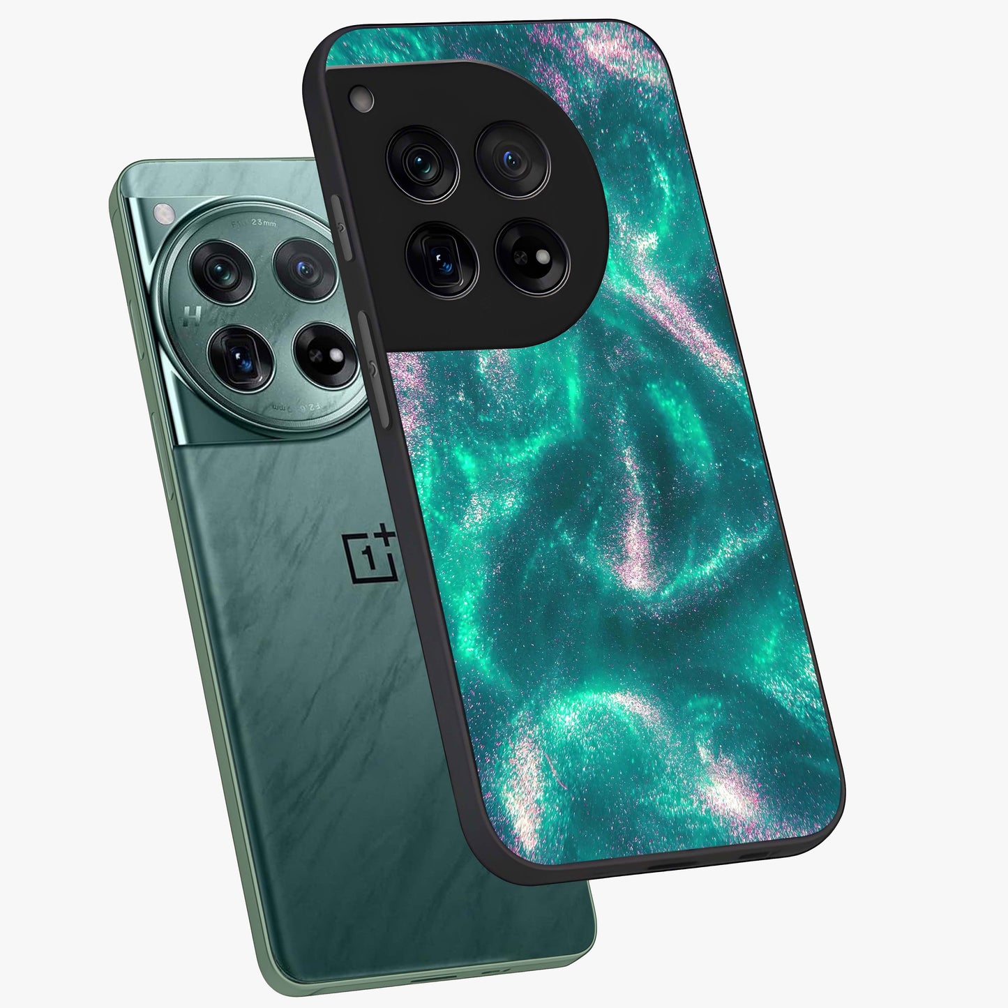 Shimmering Nebula Waves Glass Case for 1+12 angled mockup showcasing glossy finish and deep space gradients