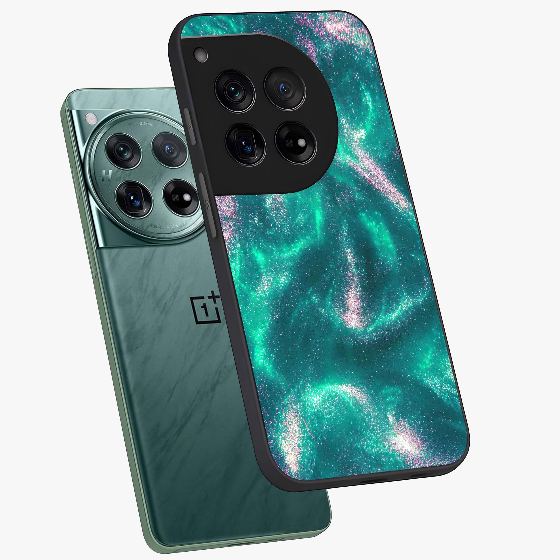 Shimmering Nebula Waves Glass Case for 1+12 angled mockup showcasing glossy finish and deep space gradients