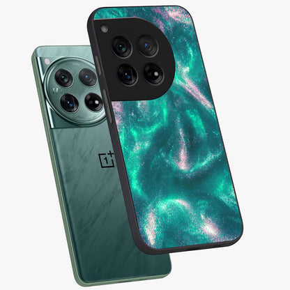 Shimmering Nebula Waves Glass Case for 1+12 angled mockup showcasing glossy finish and deep space gradients
