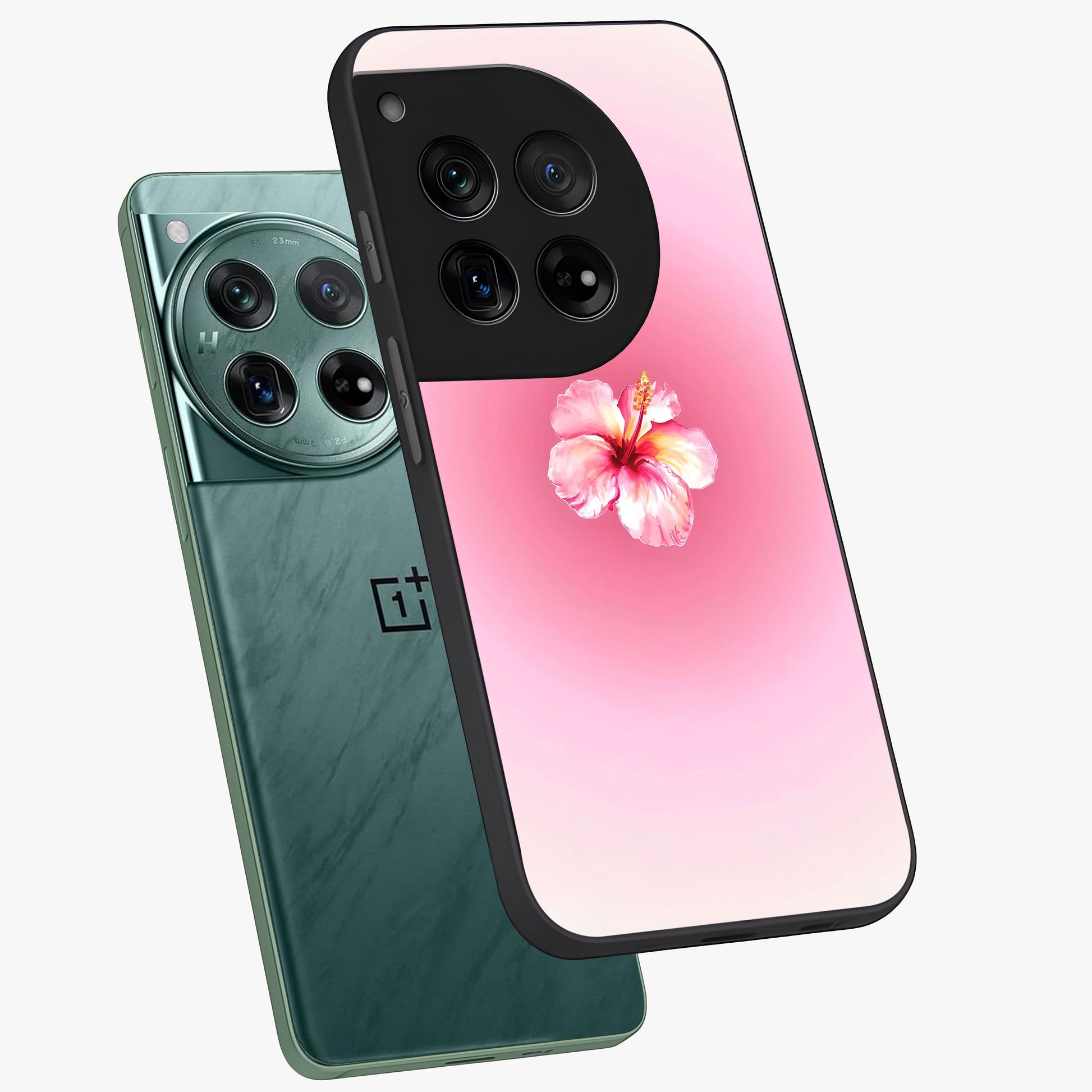Soft Petal Serenity Glass Case for 1+12 angled mockup showcasing glossy finish and calming bloom detailing